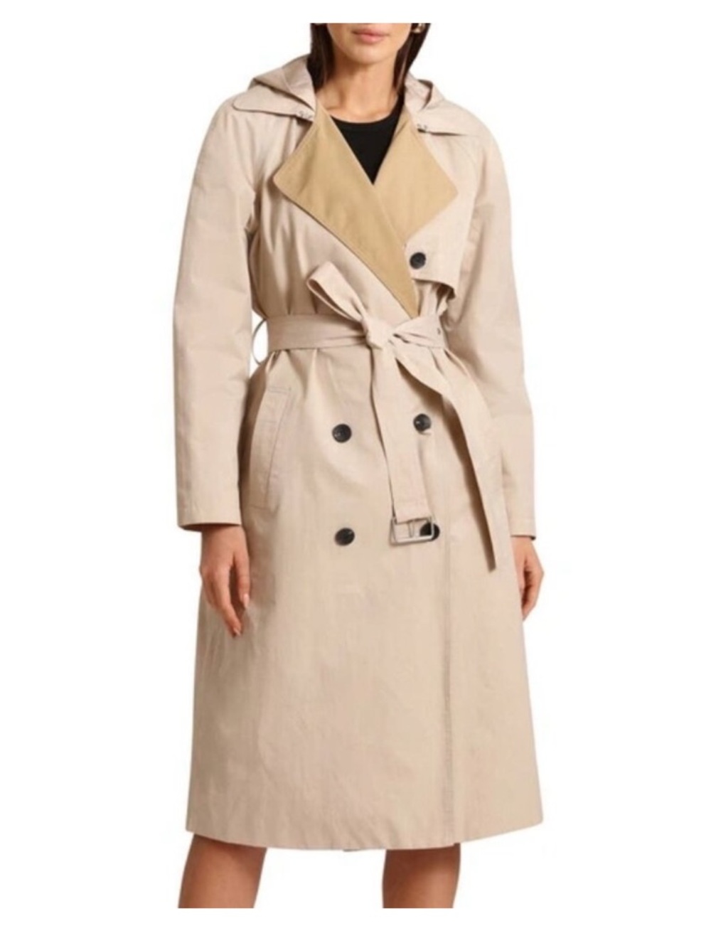 AVEC LES FILLES Belted Hooded Trench Coat In Khaki/ Dark Khaki